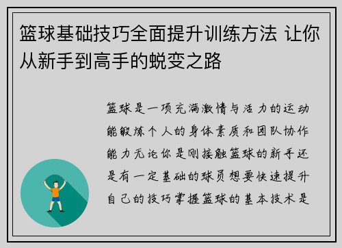 篮球基础技巧全面提升训练方法 让你从新手到高手的蜕变之路