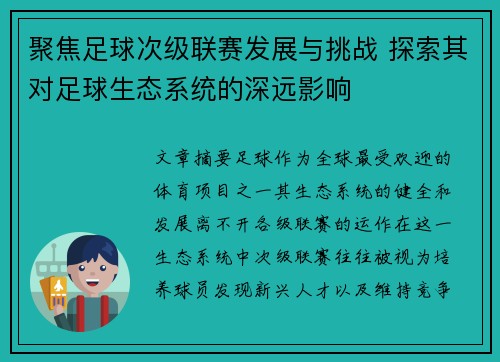 聚焦足球次级联赛发展与挑战 探索其对足球生态系统的深远影响