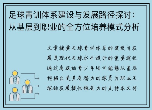 足球青训体系建设与发展路径探讨：从基层到职业的全方位培养模式分析