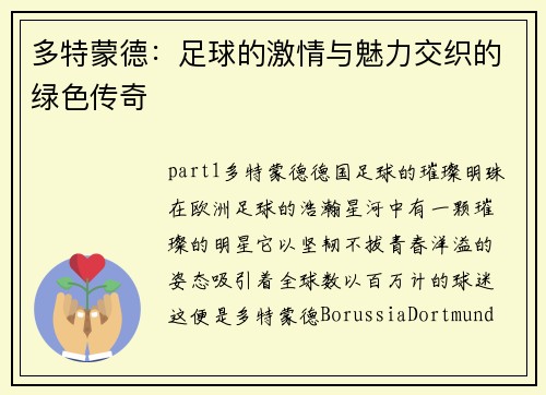 多特蒙德：足球的激情与魅力交织的绿色传奇