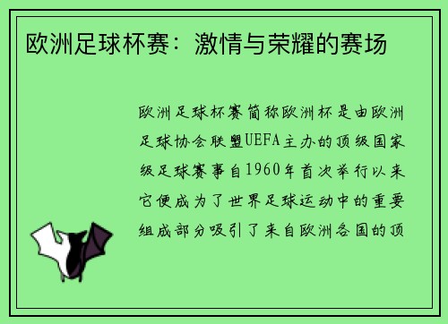 欧洲足球杯赛：激情与荣耀的赛场