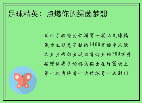 足球精英：点燃你的绿茵梦想