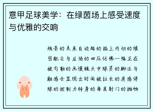 意甲足球美学：在绿茵场上感受速度与优雅的交响