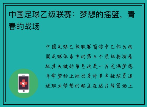 中国足球乙级联赛：梦想的摇篮，青春的战场